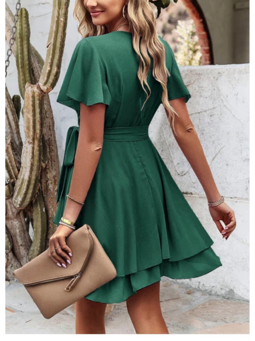 NEW Short Sleeve Layer Hem V Neck Belted Mini Dress S - Picture 2 of 3